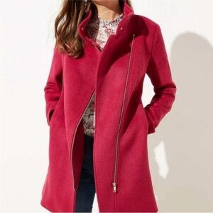 LOFT nwt magenta pink asymmetrical zipper mid-length pea coat